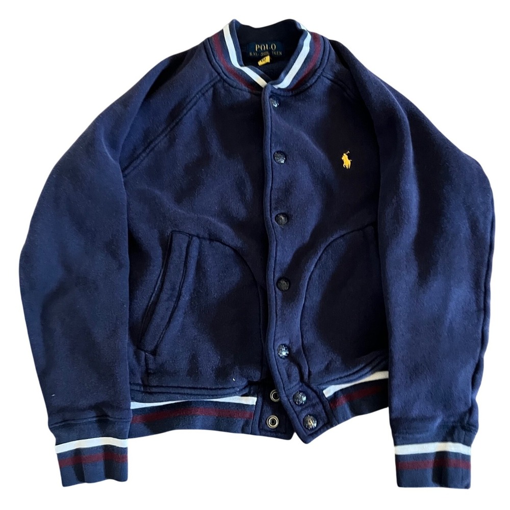 Vintage Polo Ralph Lauren Kids Varsity Fleece Bomber Jacket Navy Blue Med 10/12